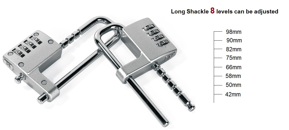 Long shackle combination padlock adjustable